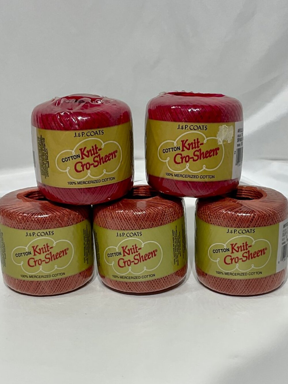 5 J&P Coats Cotton Knit-Cro-Sheen Red (2) & Coral (3) Vintage Crochet Thread USA